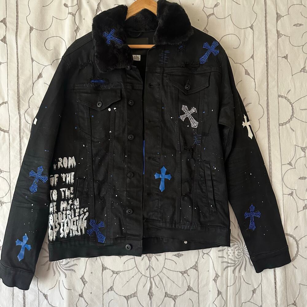 Smoke Rise men’s Large Distressed Gothic Denim Jacket Faux Fur Collar black